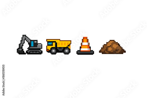 Pixel art construction vehicles and materials for building projects
