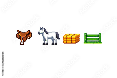 Pixel art icons of horse riding equipment, farm animals, and rural objects