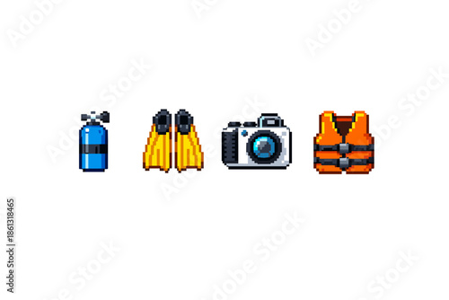 Pixel art collection of scuba diving and water sports equipment on a white background