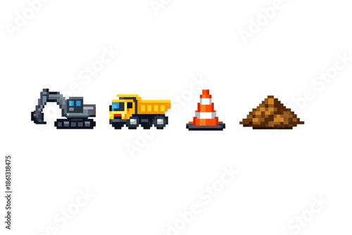 Pixel art construction vehicles and materials for building projects