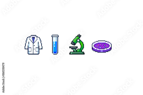 Pixel art science equipment: lab coat, test tube, microscope, and petri dish