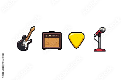 Pixel art icons of electric guitar, amplifier, pick, and microphone for music performance