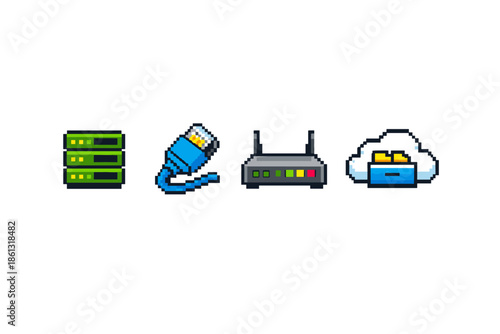 Pixel art icons representing network devices and cloud storage for digital connectivity