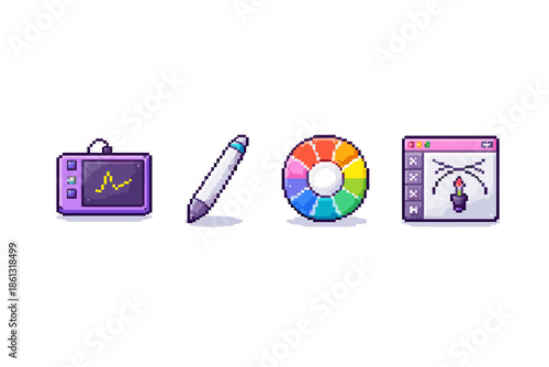 Pixel art icons for digital art tools: tablet, pen, color wheel, and software window