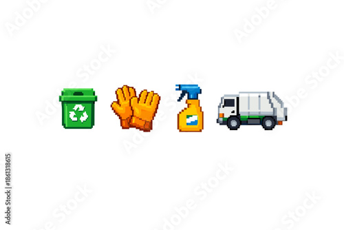 Pixel art icons for waste management, cleaning, and recycling services