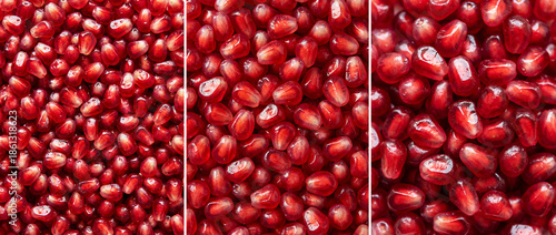 Image divided into three parts showing pomegranate seeds. Autumn fruit