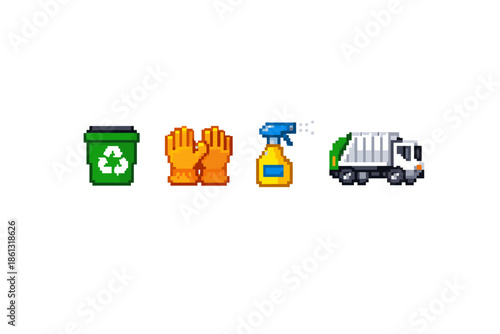 Pixel art icons for recycling, cleaning, and waste management services