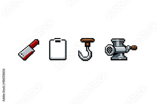 Pixel art butcher tools: cleaver, clipboard, hook, and meat grinder icons
