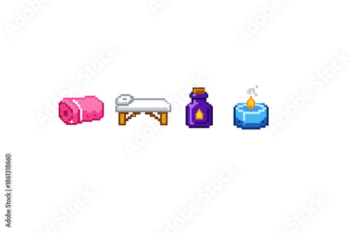 Pixel art icons for spa and wellness: massage table, rolled towel, oil bottle, and candle