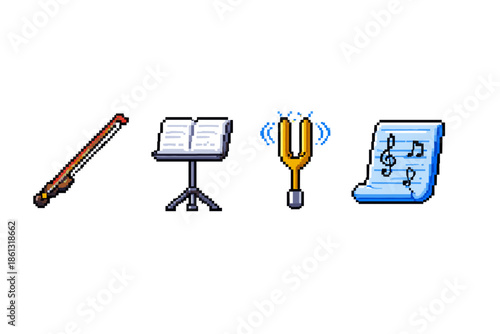 Pixel art icons of musical instruments and notation for digital design
