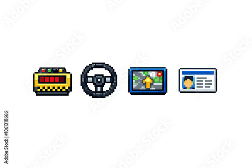 Pixel art icons for taxi, steering wheel, GPS navigation, and driver's license