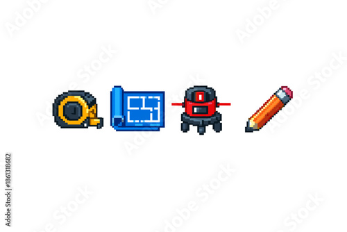 Pixel art icons for construction: tape measure, blueprint, laser level, and pencil