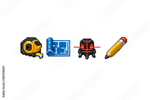 Pixel art icons for construction: tape measure, blueprint, laser level, and pencil