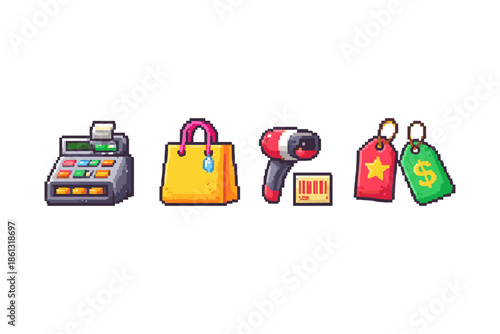 Pixel art retail icons: cash register, shopping bag, scanner, and price tags