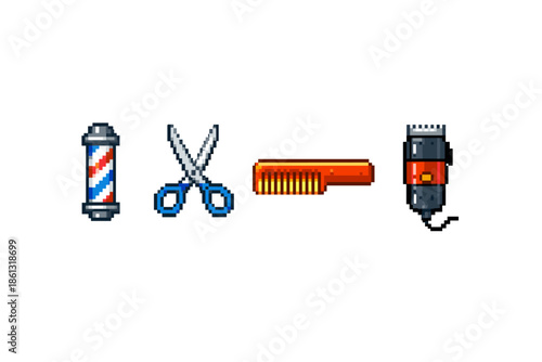 Pixel art barber pole, scissors, comb, and clippers icons arranged horizontally