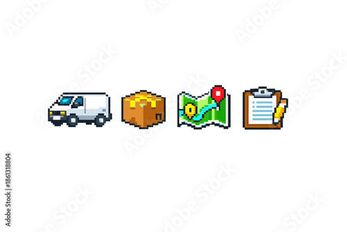 Pixel art icons for delivery, package, map, and checklist, representing logistics and shipping