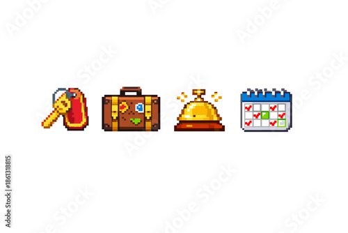 Pixel art icons representing hotel services: key, suitcase, bell, and calendar