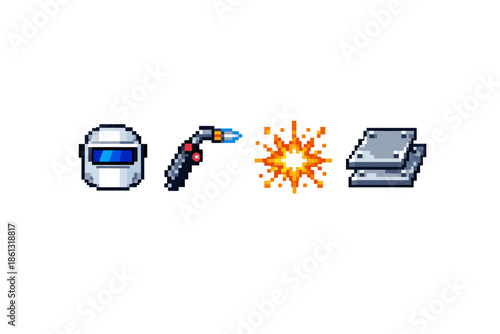Pixel art welding equipment, spark, and metal plates for industrial or DIY projects