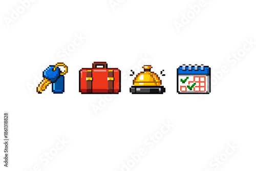 Pixel art icons for hotel services: key, luggage, bell, and calendar