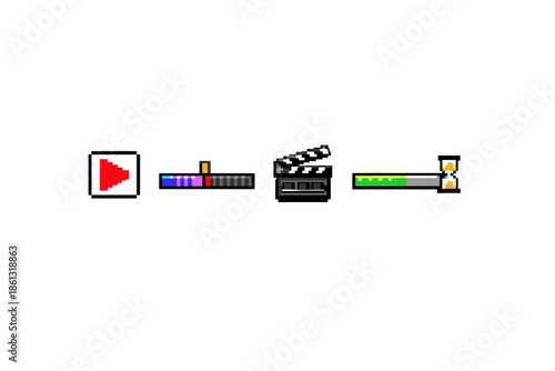 Pixel art icons for video editing, playback, and time management