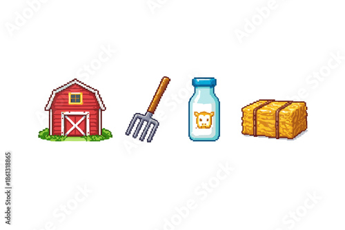 Pixel art farm icons: barn, pitchfork, milk bottle, and hay bale on white background