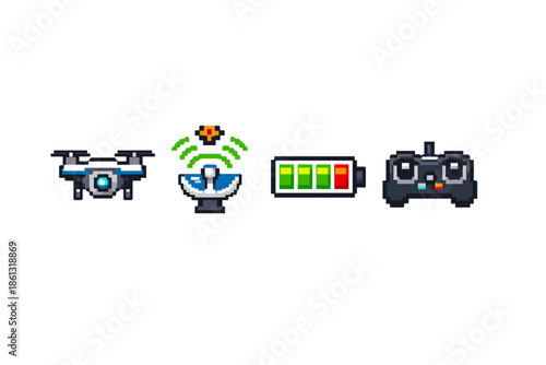 Pixel art drone, satellite, battery, and remote control icons for technology and gaming