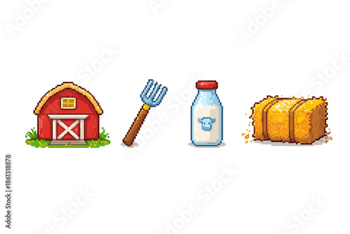 Pixel art farm icons: barn, pitchfork, milk bottle, and hay bale on white background