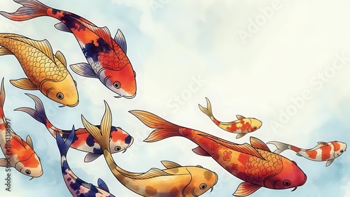 Colorful koi fish swimming in pond with orange, red, gold and black patterns creating peaceful aquatic scene for meditation and zen garden designs.