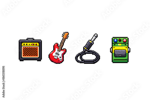 Pixel art icons of electric guitar, amplifier, cable, and effect pedal