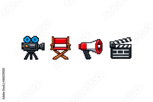 Pixel art icons for filmmaking: camera, director's chair, megaphone, and clapperboard