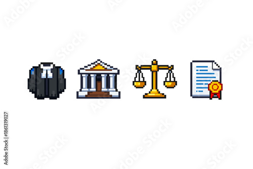Pixel art icons representing law, justice, and legal documents