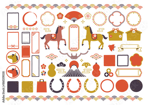 馬とお正月の手描き和風フレームセット