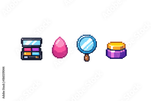 Pixel art makeup icons: eyeshadow palette, beauty blender, mirror, and cream jar