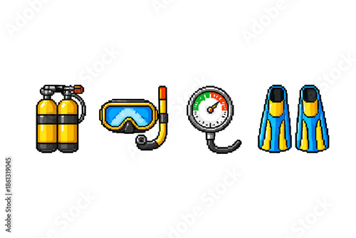 Pixel art diving equipment set: scuba tanks, mask, snorkel, gauge, and fins