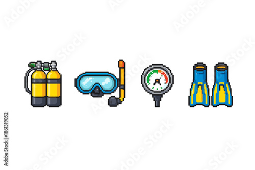Pixel art diving equipment set: scuba tanks, mask, snorkel, gauge, and fins