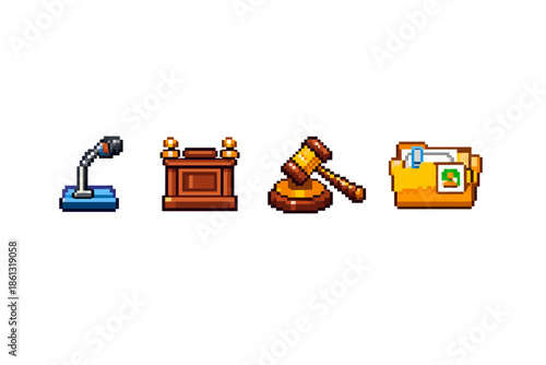 Pixel art icons representing legal and justice concepts like microphone, podium, gavel, and folder