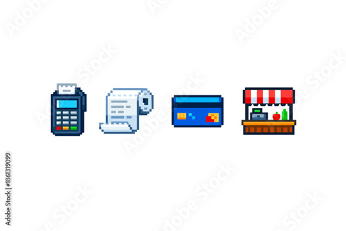 Pixel art icons representing payment methods and a small market stall