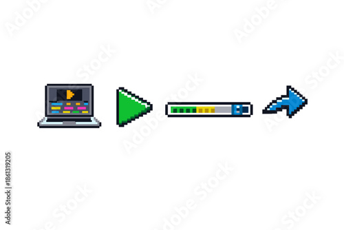 Pixel art icons show video editing process from creation to sharing online