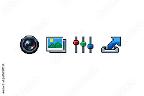 Pixel art icons for camera, photos, sliders, and upload function