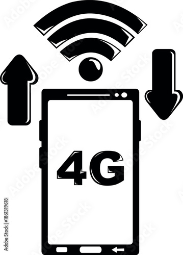 vector illustration black and white minimalist smartphone icon with wifi 4G signal and data transfer symbols