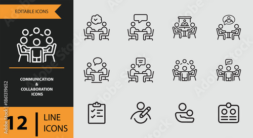 Modern set of editable line icons representing essential communication, collaboration, and teamwork