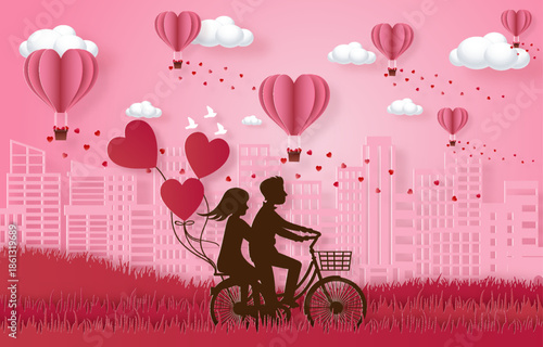 Romantic Cityscape Illustration with Couple on Bicycle, Heart Balloons, and Pink Skyline