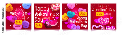 Valentine’s Day Promotional Graphics with Candy Hearts, Chocolates, and 50% Off Sale Tags on Red Backgrounds