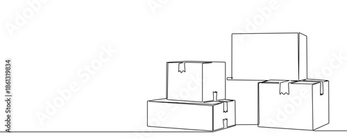 Five cardboard boxes stacked in a small pyramid, taped with tape. Drawing in one line art style with editable black stroke on a white background. Vector illustration.