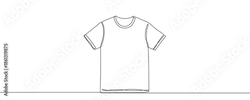 Classic t-shirt with short sleeves and a round neckline. Drawing in one line art style with editable black stroke on a white background. Vector illustration.
