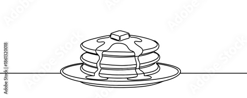 A stack of three pancakes on a plate, drizzled with syrup and topped with a pat of butter. Drawing in one line art style with editable black stroke on a white background. Vector illustration