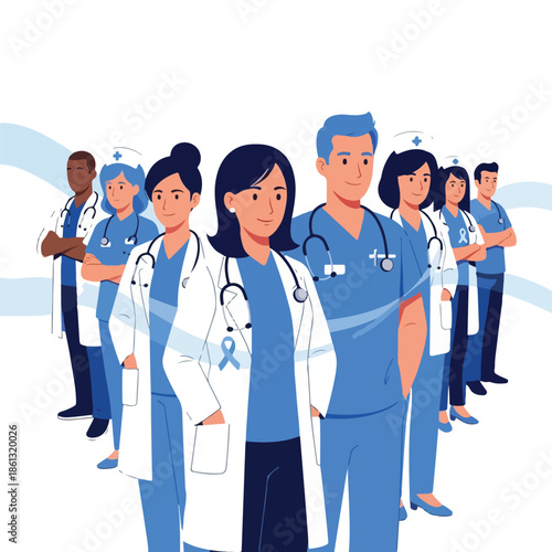 Illustration of diverse medical professionals standing united in blue scrubs and white coats with awareness ribbons, supporting World Cancer Day against a clean background with a calming
