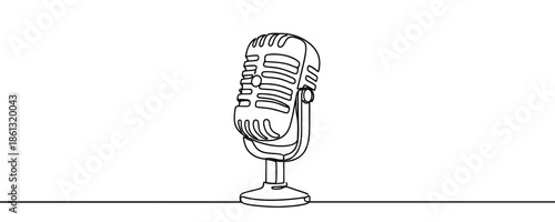 Retro or studio microphone on a stand. Drawing in one line art style with editable black stroke on a white background. Vector illustration.