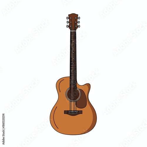 A brown acoustic guitar with cutaway design, strings, and a sound hole