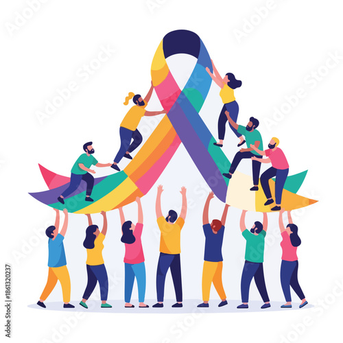 Diverse group of people working together to hold up a large, colorful ribbon on a plain white background, symbolizing support and awareness for World Cancer Day with a sense of unity and